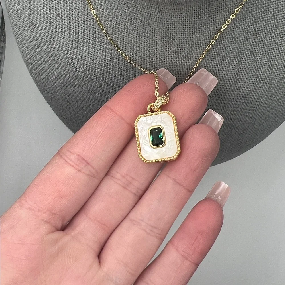 092. 18k Gold Plated Necklace with Emerald Stone and Mother of Pearl 16”-17 1/2” - Picture 3 of 3